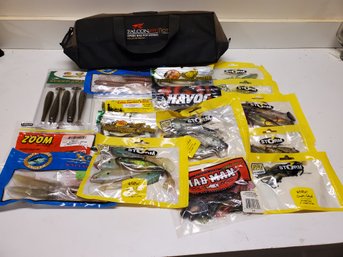 Lot Of Fishing Bait Worms - Most Packs New!!  Bass Pro Shops, Storm, Mad Man & More With Canvas Storage Bag