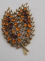 Vintage Tangerine Rhinestone Leaf Cluster Brooch