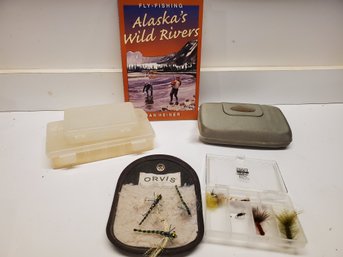 Lot Of Fly Fishing Lures, Book & Cases Including Orvis & Flambeau