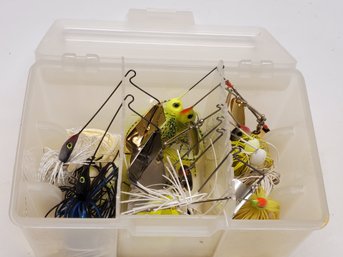 Assortment Of Buzzer Beater Buzzbaits Fishing Lures / Hooks In Plastic Storage Box