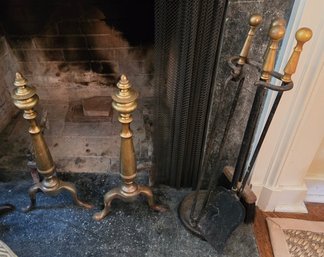 Antique Brass Fireplace Tools Beautiful American Colonial Andirons