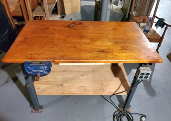 Wood Topped (butcher Block) Work Table With Steel Legs/frame With Record V175 Vise Made In England