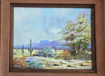 Signed Original Oil Painting - By 'Sullivan' In Saguaro Desert Landscape In A Wide Rustic Wood Frame