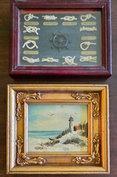 1 Nautical Knots Shadow Box In A Rosewood Frame  / 1 Seascape Oil Painting In A Gold Gilt Frame