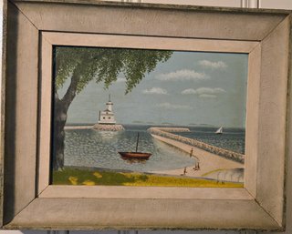 Original Framed Oil Painting - New England Seascape With Lighthouse And Pier Signed F.H.