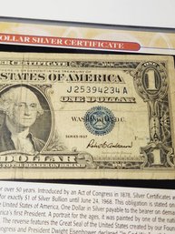 2 Pcs----- $1 Dollar Bills 1957 Silver Cert. Blue Seal  & 1963 Federal Reserve Note In History Folder