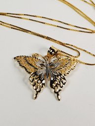 Fabulous 14k Yellow Gold 2 Tone Filigree Butterfly Pendant And Box Chain Link Necklace