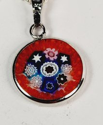 Sterling Silver Ball Chain Necklace With Silver Tone  Painted  Murano Glass Pendant