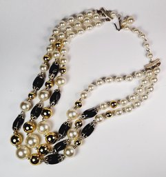 Vintage Layered Beaded Torsade Acrylic Faux Pearl & Faux Onyx Necklace