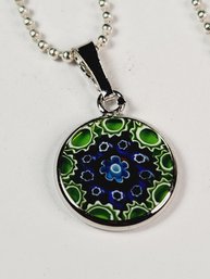 Sterling Silver Ball Chain Necklace With Silver Tone  Painted  Murano Glass Pendant  Green Blue