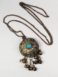 Vintage Pendant Old Antique Hanging  With Blue Stones With Dangling  Bell Appliques   And  Necklace