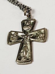 Vintage Silver Tone Religious  Cross Pendant With Closed Chain Necklace  24 Inches