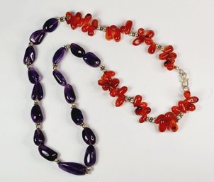 Sterling Silver Amber Like And Amethyst Stone Beaded Necklace