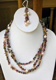 Three Strand Tourmaline And Pearl Necklace With Matching Earrings