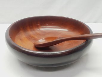 Vintage MCM Large Mahogany Round Salad Bowl & Salad Spoon - Made In Haiti