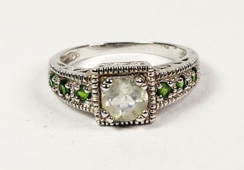 Sterling Silver Peridot And CZ  Ring