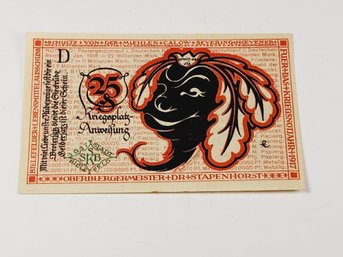 ANTIQUE .... 1920s Notgeld 25 Pfennig Bank Note German For 'Emergency Money'