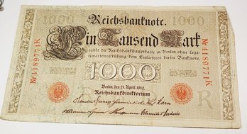 1910 Imperial Germany 1000 Mark Reichsbanknote - Large Note   RARE