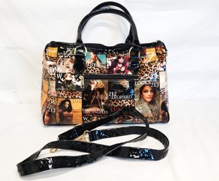 Unique Magazine Print & Leopard Print Satchel Handbag  With Optional Shoulder Strap