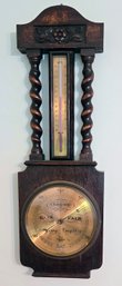 Antique Oak Carved Barley Twist Barometer Weather Station