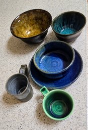 Assorted Beautiful Hand Thrown Glazed Pottery - 2 Mugs, 3 Bowls, 1 Plate