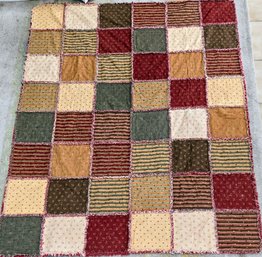 Hand Stitched Block Square Antique Quilt With Silky Chenille Border Trim