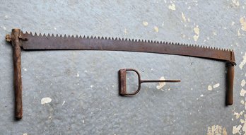 Early American Antique Farm Tools - Double Handle / 2 Person Hand Saw & Forged Iron Hay Bale Hook