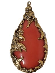 Large MCM Reddish Orange Lucite Teardrop Pendant In Gold Tone Setting