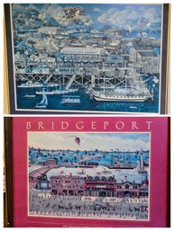 2 Vintage Bridgeport, CT Themed Framed Folk Art Style Poster Prints