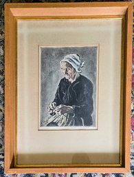 SIGNED Joseph Margulies Colored Engraving (print) After 1896 Original - Old Woman Knitting