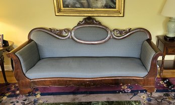 Antique Victorian Late 1800s Mahogany Carved Sofa With Flame Grain Inlay