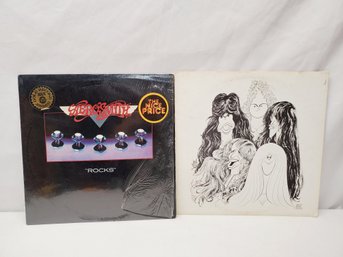 Two Vintage Aerosmith Vinyl LP Record Albums - 1976 Rocks & 1977 Draw The Line  (Lot F)