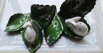 A Petite Pair Of Herend Porcelain Placards With Bunnies On Leaf