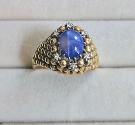 Ball Pave Dome Ring In 10k Gold, Flanked By Diamonds With A Stunning Pronged Blue Agate Cabochon - Size 8