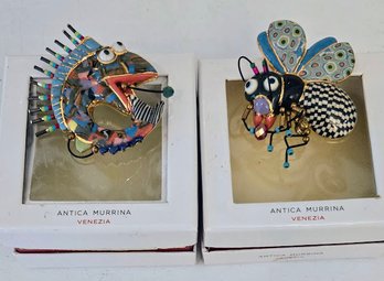 2 Cynthia Chuang Porcelain Enamel Brooch Pins With Crystal & Glass Beads And Wire Accents - Bee & Fish Designs