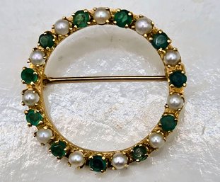 Emerald And Pearl Beaded Circle Pin In A 14 Karat Gold Prong Setting