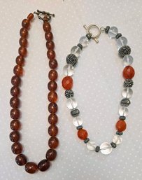 1 Dark Amber Beaded Necklace And 1 Faceted Carnelian & Crystal Beaded Strand With Silver Pave Textured Beads