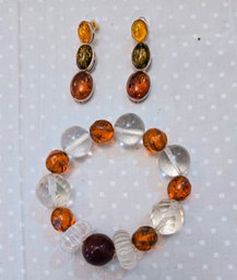 Funky And Fun Beaded Crystals & Glass Bracelet  In Amber Colors With Matching Earrings