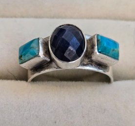 Stamped Jay King DTR Sterling Bezel Band Ring With Faceted Lapis And Cabochon Turquoise Inlay - Size 9.75