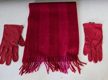 Cranberry Colored Meg Cohen Cashmere Fringed Scarf And Matching Roeckl Buttery Leather Driving Gloves