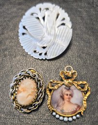 3 Vintage Pins, Lovely Victorian Style Gold Cameo Pendant Pins And A Carved Nacre (mother Of Pearl) Pin