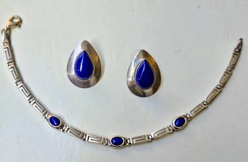 Gorgeous Sterling And Blue Lapis Greek Key Chain Bracelet And Matching Teardrop Earrings