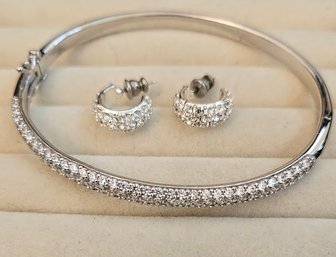 Silver Plated Pave Crystal Rhinestone Hoop Earrings & Matching Hinged Bangle Bracelet