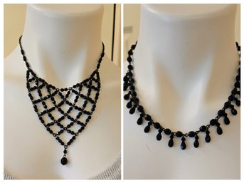 Vintage Late 1920s Victorian Faceted Black Crystal Fringe  Bib Choker /