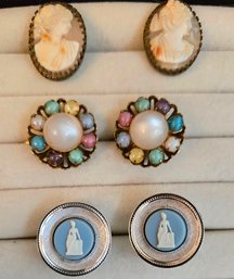 3 Pairs Of Vintage Button Cufflinks - Victorian Cameo, Blue Wedgwood Jasperware & Pronged Pearl Beaded Flower