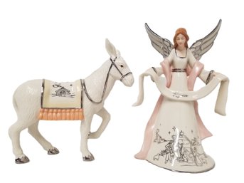 2004 Hawthorne Village 'Rejoicing Angel' & 'Devoted Donkey' Silver Blessings Nativity Collection #1