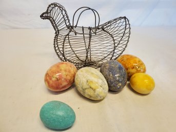 Vintage Wire Folk Art Primitive Chicken Shaped Egg Gathering Basket With Decorative Eggs