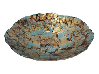 Vintage Akcam Glass Art Bowl Turquoise & Gold Leaves Hand Pressed - Made In Turkey