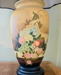 Antique Hand Painted Bisque Porcelain Table Lamp With A Lovely Chinoiserie Inspired Fruit & Floral Motif