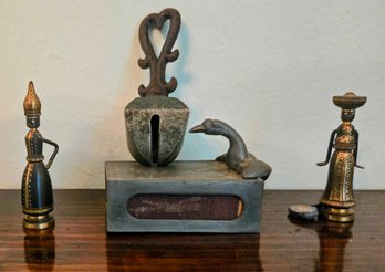 Miniature Teppich Bronze Tamar Biblical Figurines Paired With Antique Iron Bell & A Pewter Matchbox Case